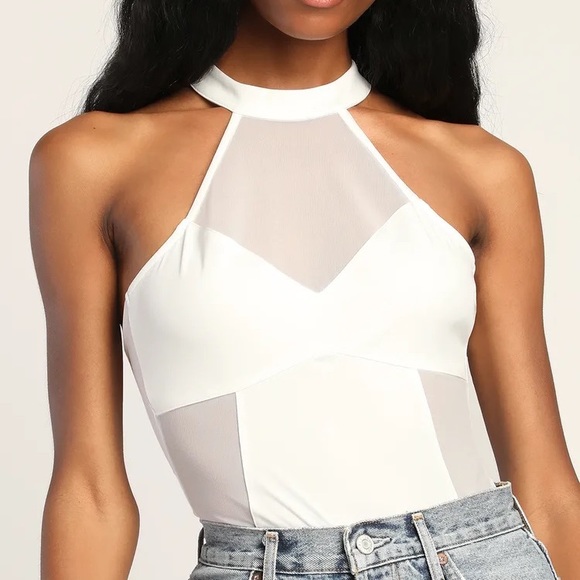 NEW Lulus Ivory Mesh Cutout Bodysuit - Picture 5 of 7